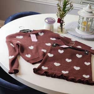 Miss Selfridge Petite heart print sweater and  mini skirt with frill hem.